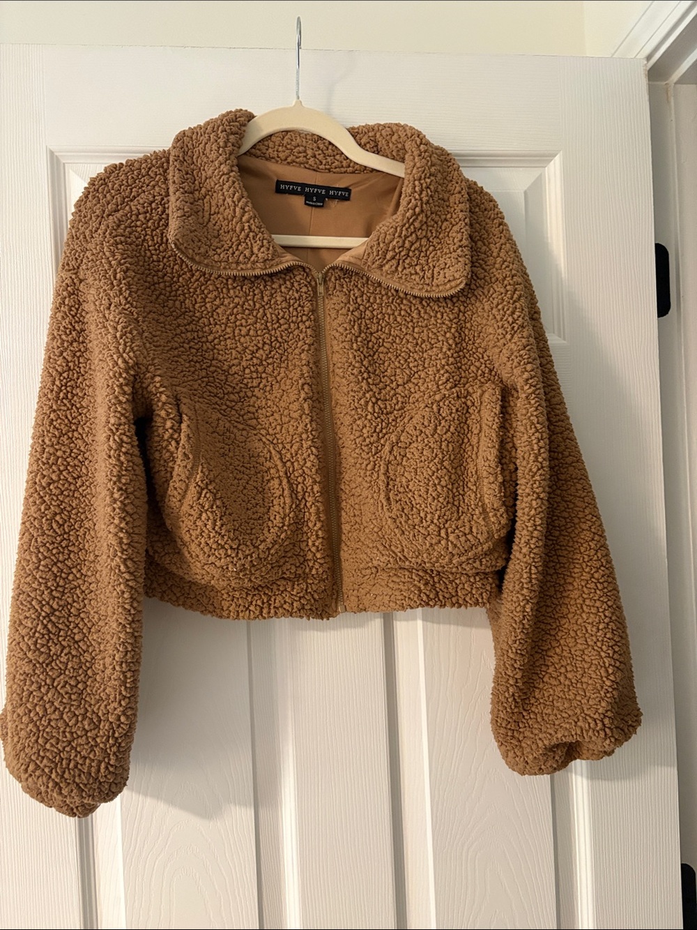 HYFVE Cropped Teddy Zip Jacket in Camel Brown